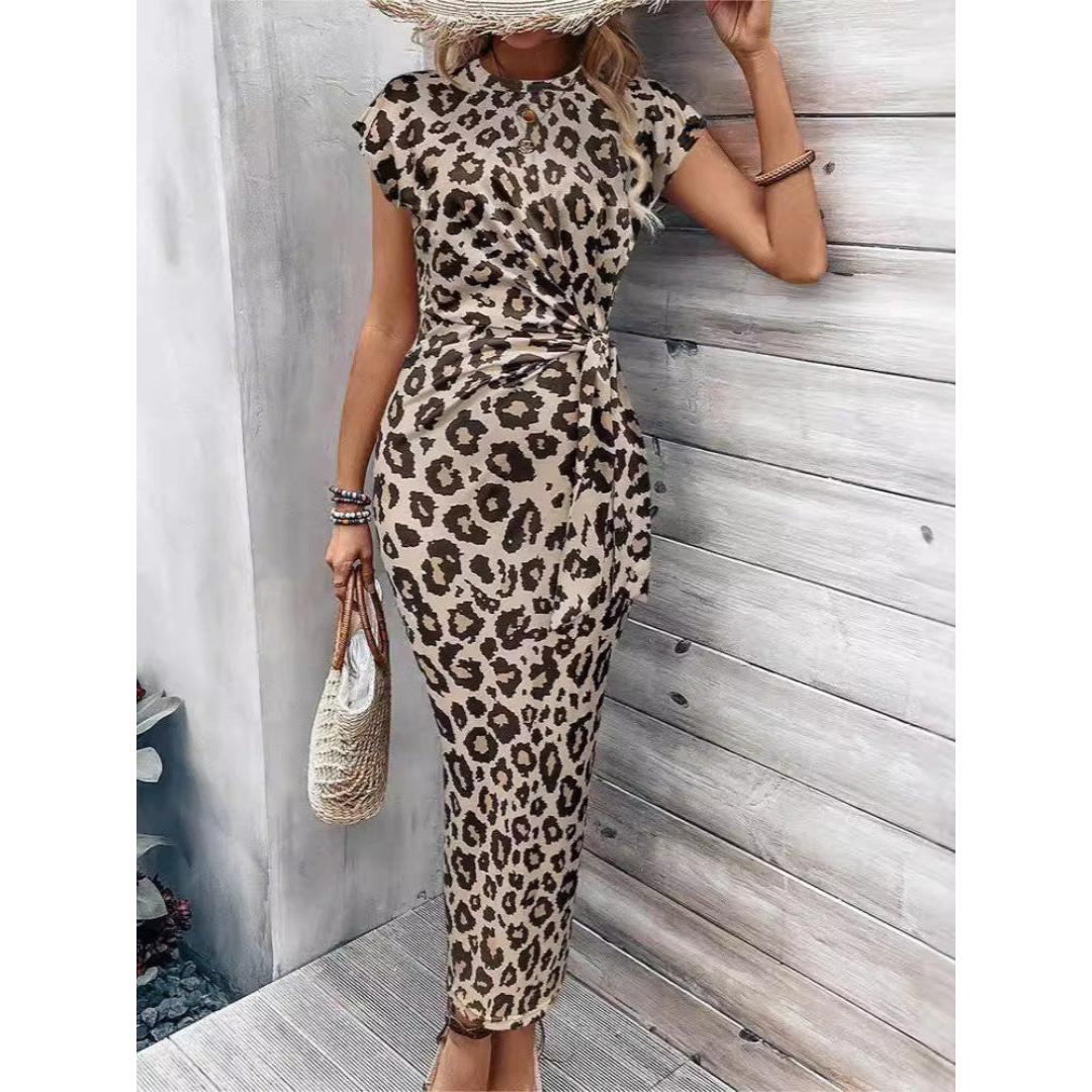 Leopard Print Cap Sleeve Tie Waist Bodycon Maxi Dress