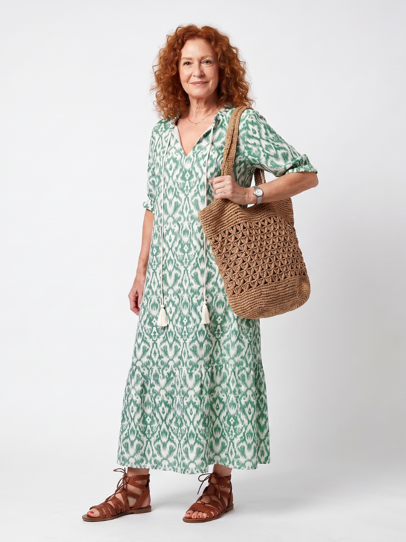 Ikat Print Tie Neck Roll Tab Sleeve Tiered Maxi Dress