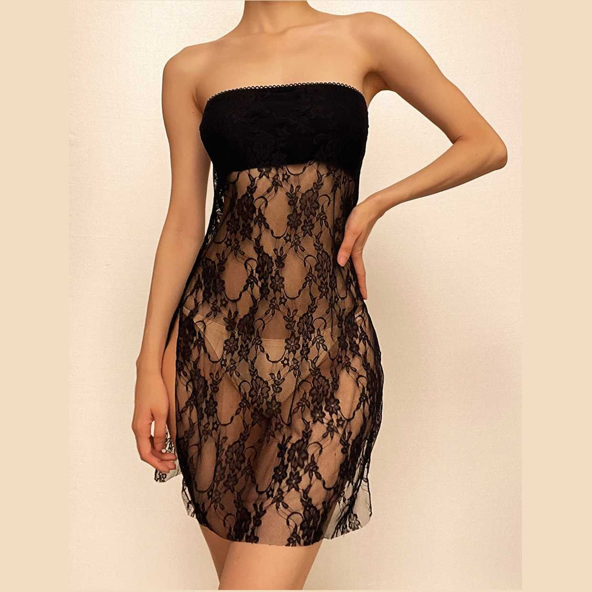 Lace see through solid slit backless tube dress - Final Sale