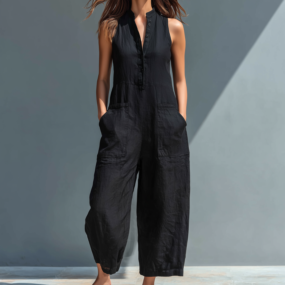Sleeveless Button Front Wide Leg Jumpsuit 2