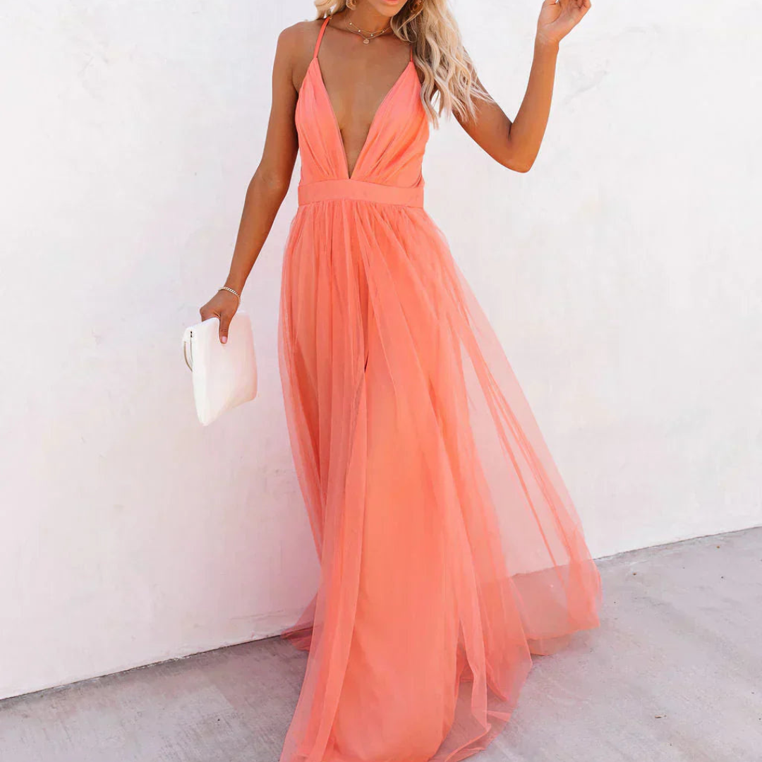 Deep V-Neck Spaghetti Strap Tulle Maxi Gown 3