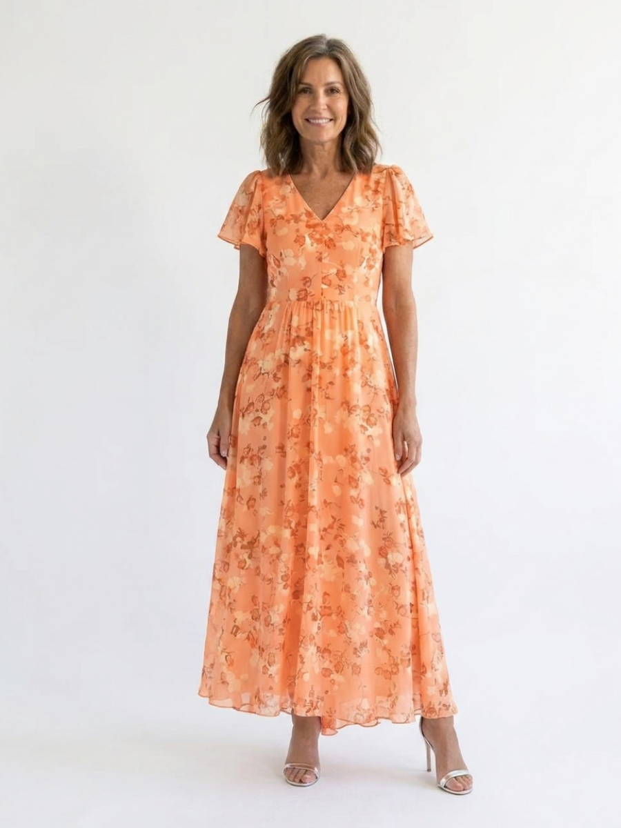 Floral V-Neck Flutter Sleeve Maxi Dress