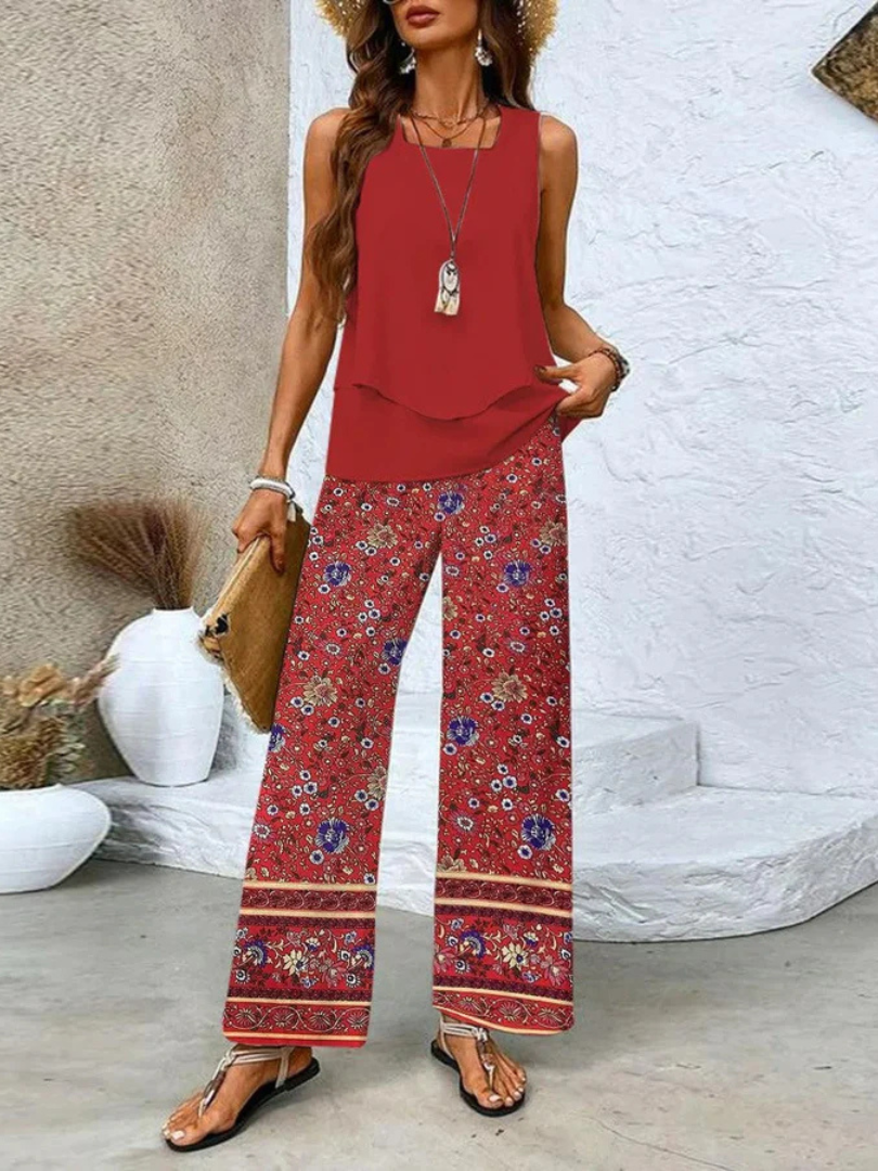 Sleeveless Layered Top and Floral Wide Leg Pants Two Piece Set 2