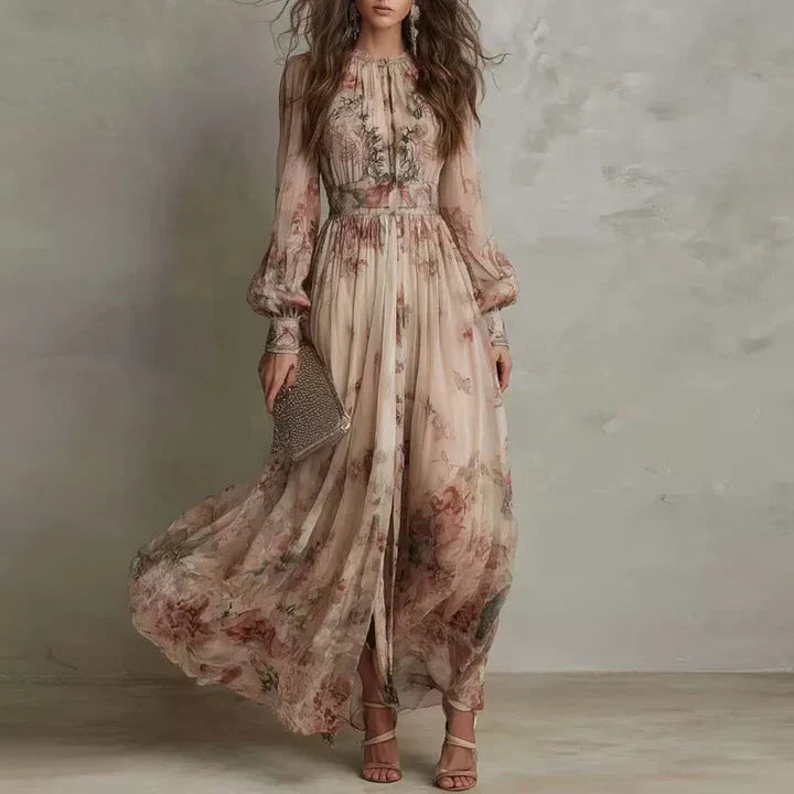 Floral Print Mock Neck Long Puff Sleeve Flowy Maxi Dress