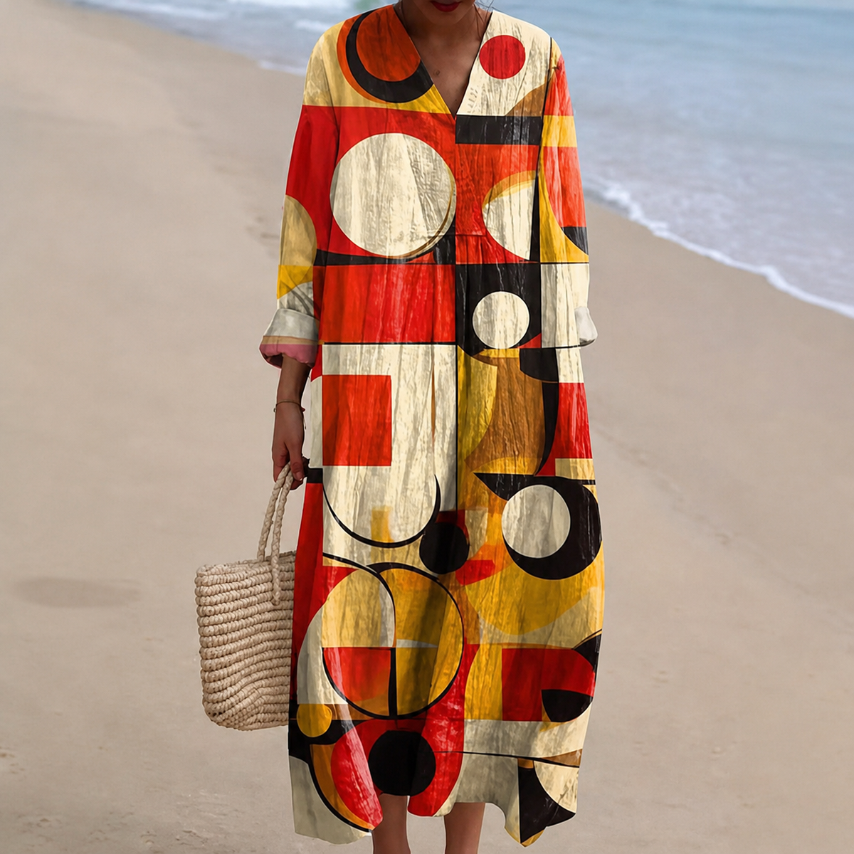 V-Neck Long Sleeve Abstract Geometric Print Maxi Dress