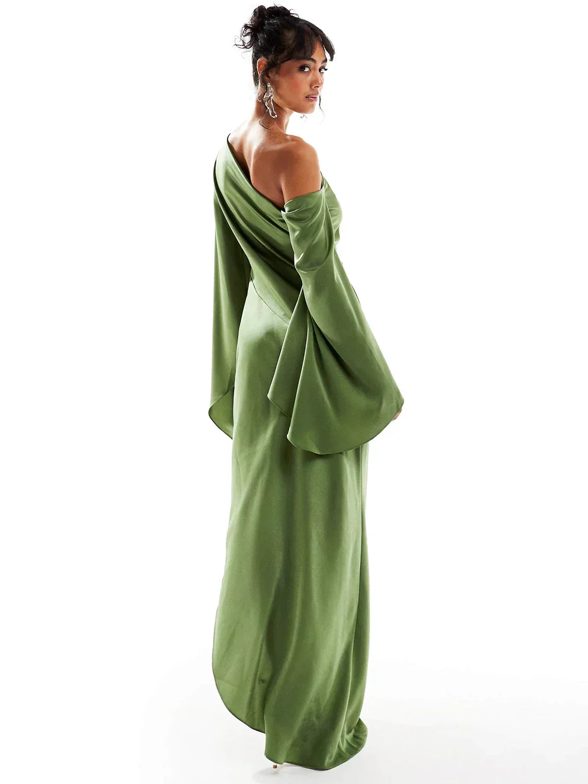 Green Asymmetrical Hem Satin Maxi Dress - View 2