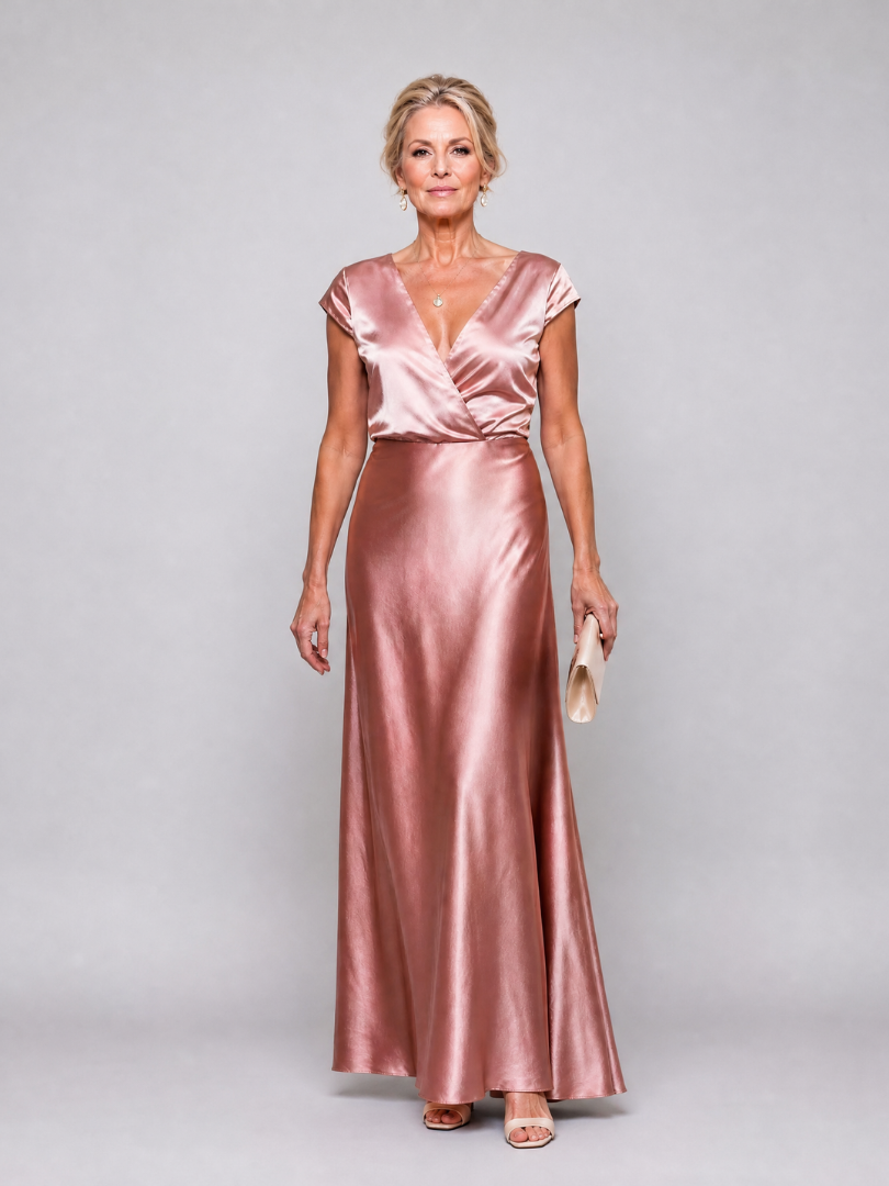 Satin Surplice V-Neck Cap Sleeve Maxi Gown