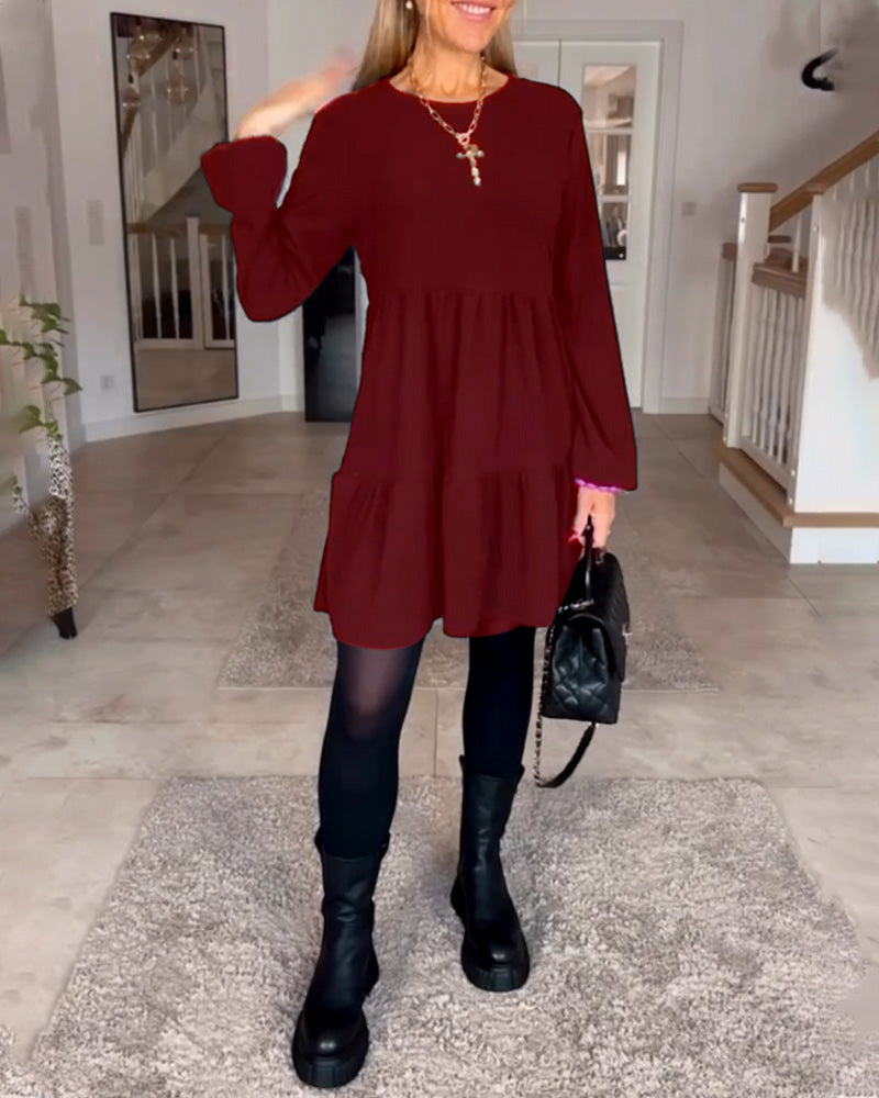 Long Sleeve Crew Neck Tiered Smock Babydoll Mini Dress - View 2