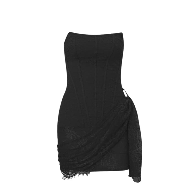 Irregular ruched backless lace up bustier tube mini dress - View 3