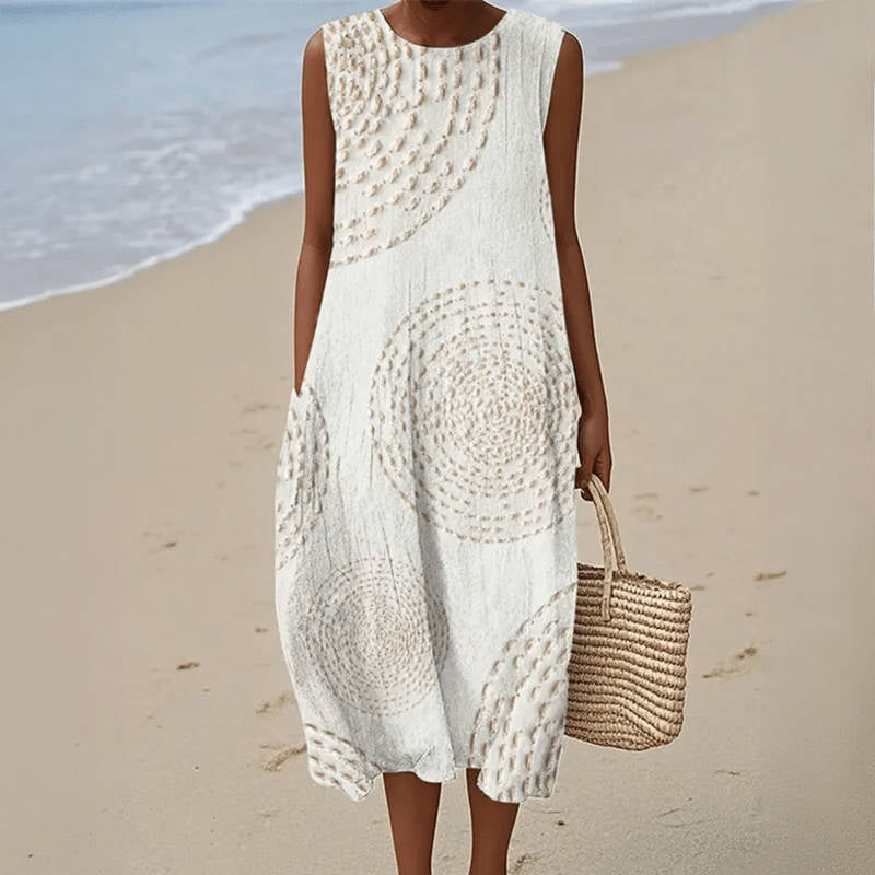 Textured Circle Print Sleeveless Round Neck Cocoon Midi Dress