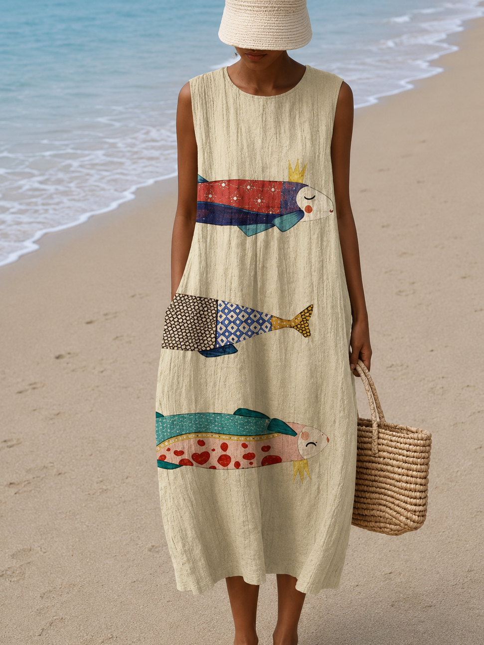 Crew Neck Sleeveless Fish Print Linen Maxi Dress