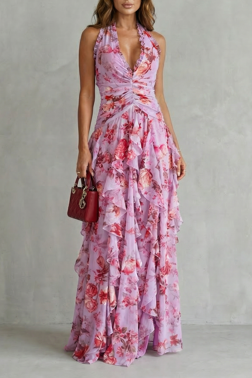 Floral Print Halter Neck Ruffle Tiered Maxi Dress 2