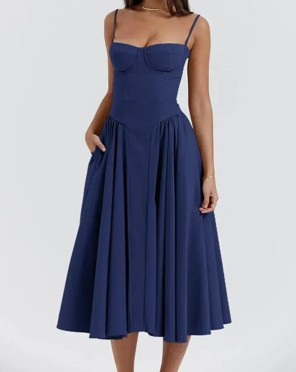 Spaghetti Strap Sweetheart Corset Fit and Flare Midi Dress - View 4