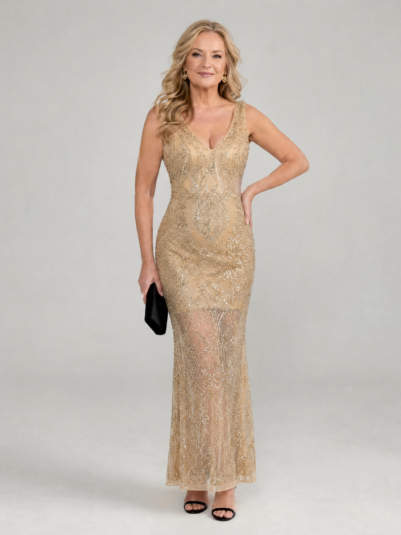 Sequin V-Neck Sleeveless Sheer Hem Maxi Gown