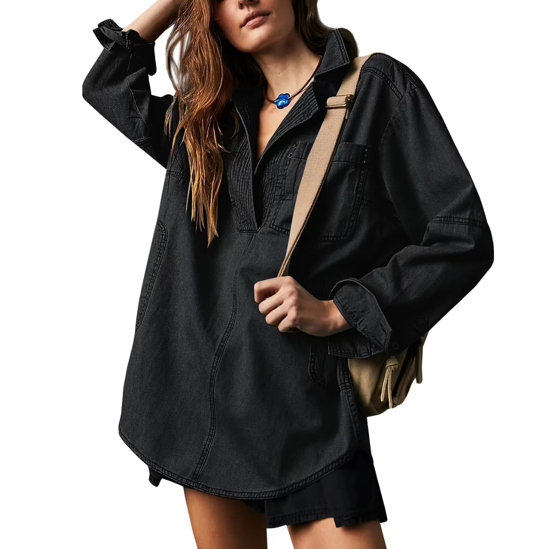 Collared Button Front Long Sleeve Oversized Denim Shirt 2