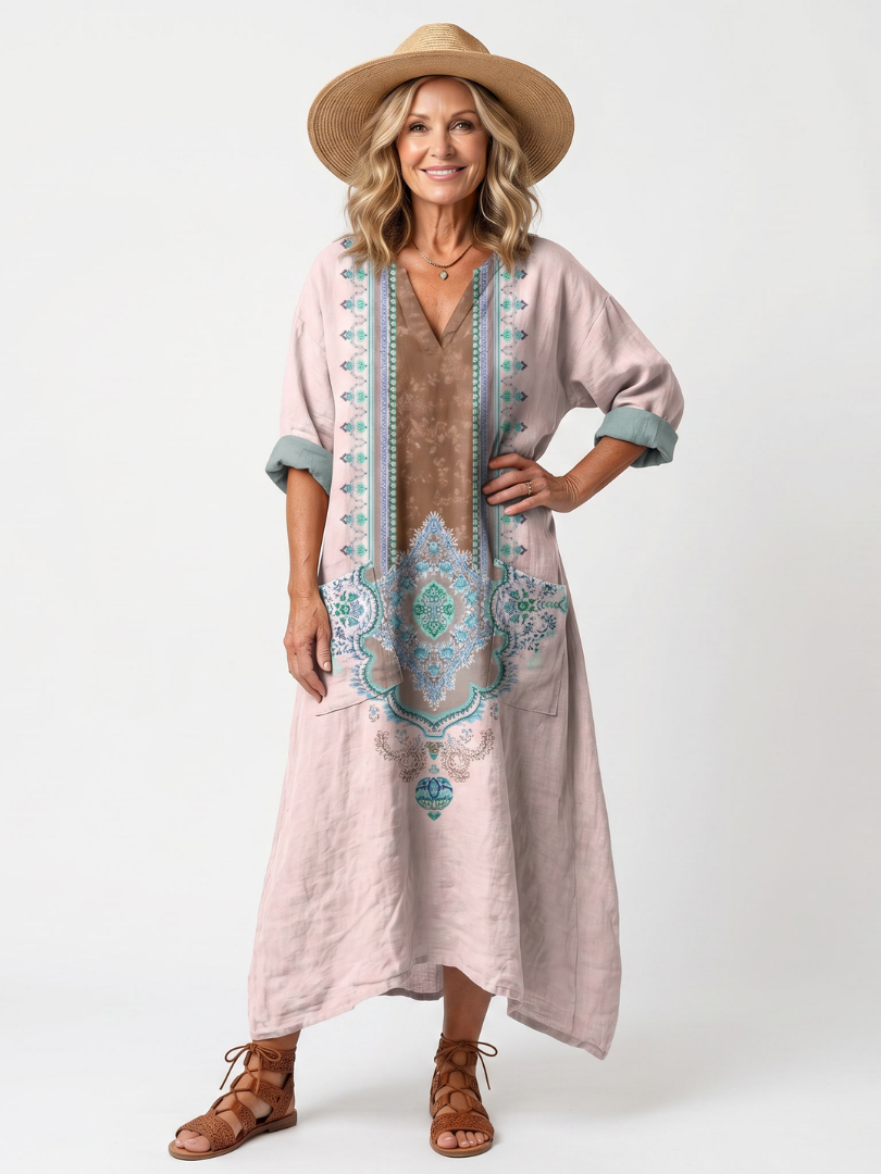 Medallion Print V-Neck Pocket Maxi Kaftan Dress