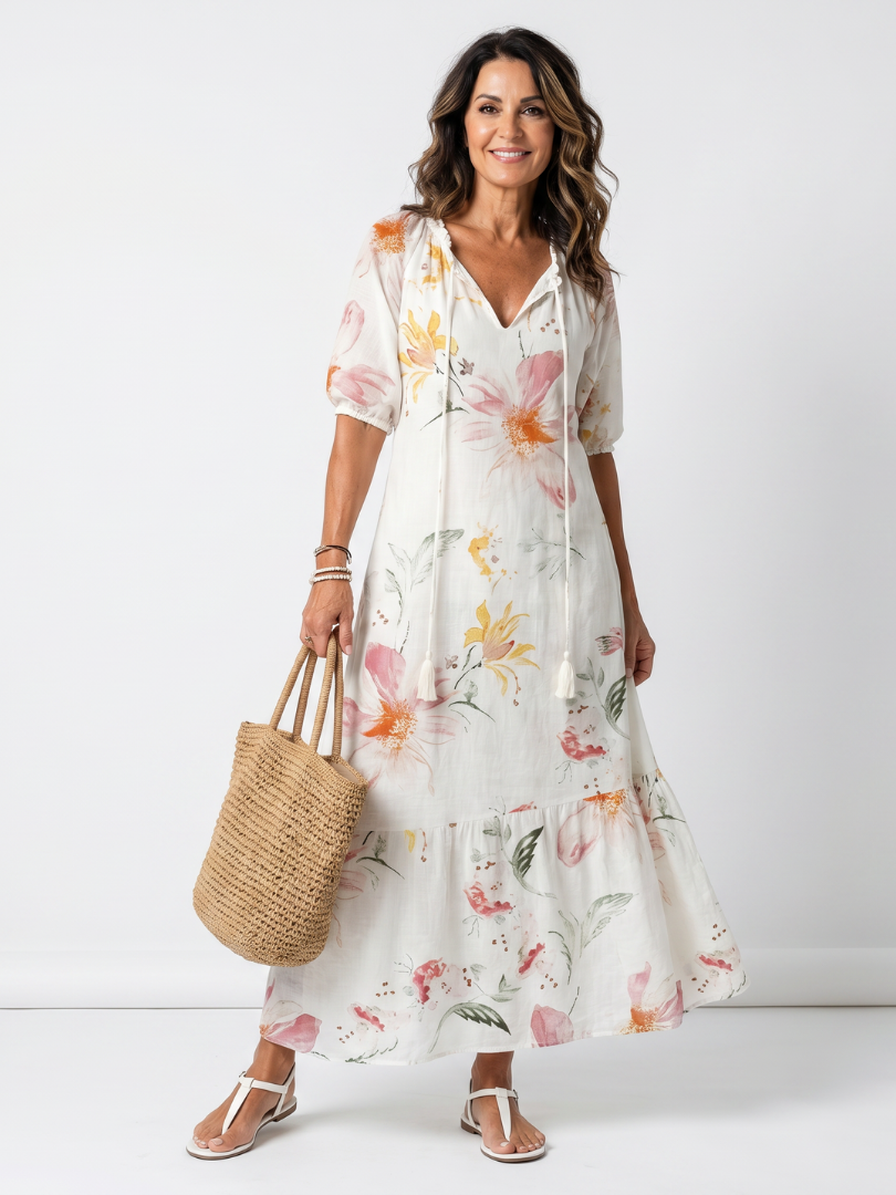 Floral Print Tie Neck Puff Sleeve Tiered Maxi Dress
