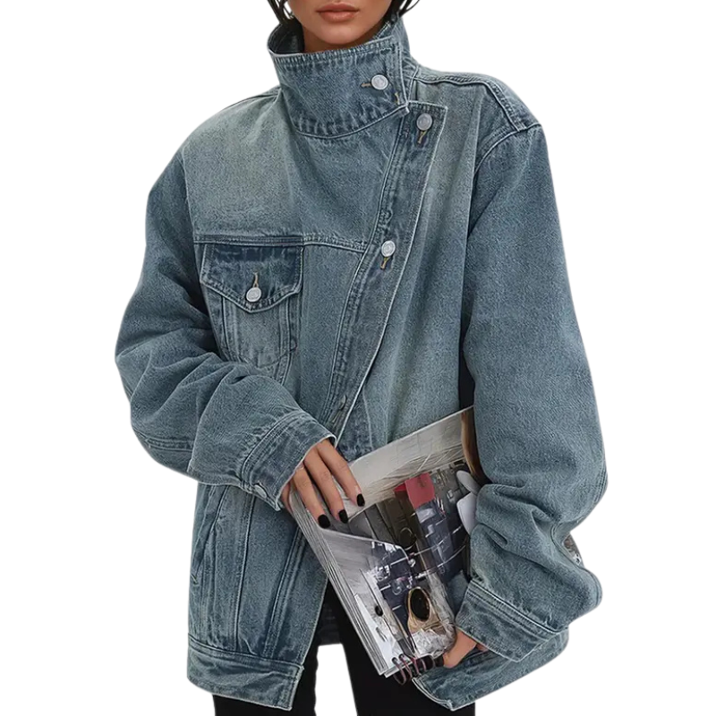 Oversized High Neck Asymmetric Button Denim Jacket
