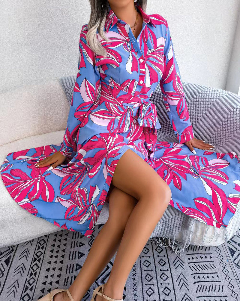 Tropical Leaf Print Collared Button Front Belted Shirt Maxi Dress 9