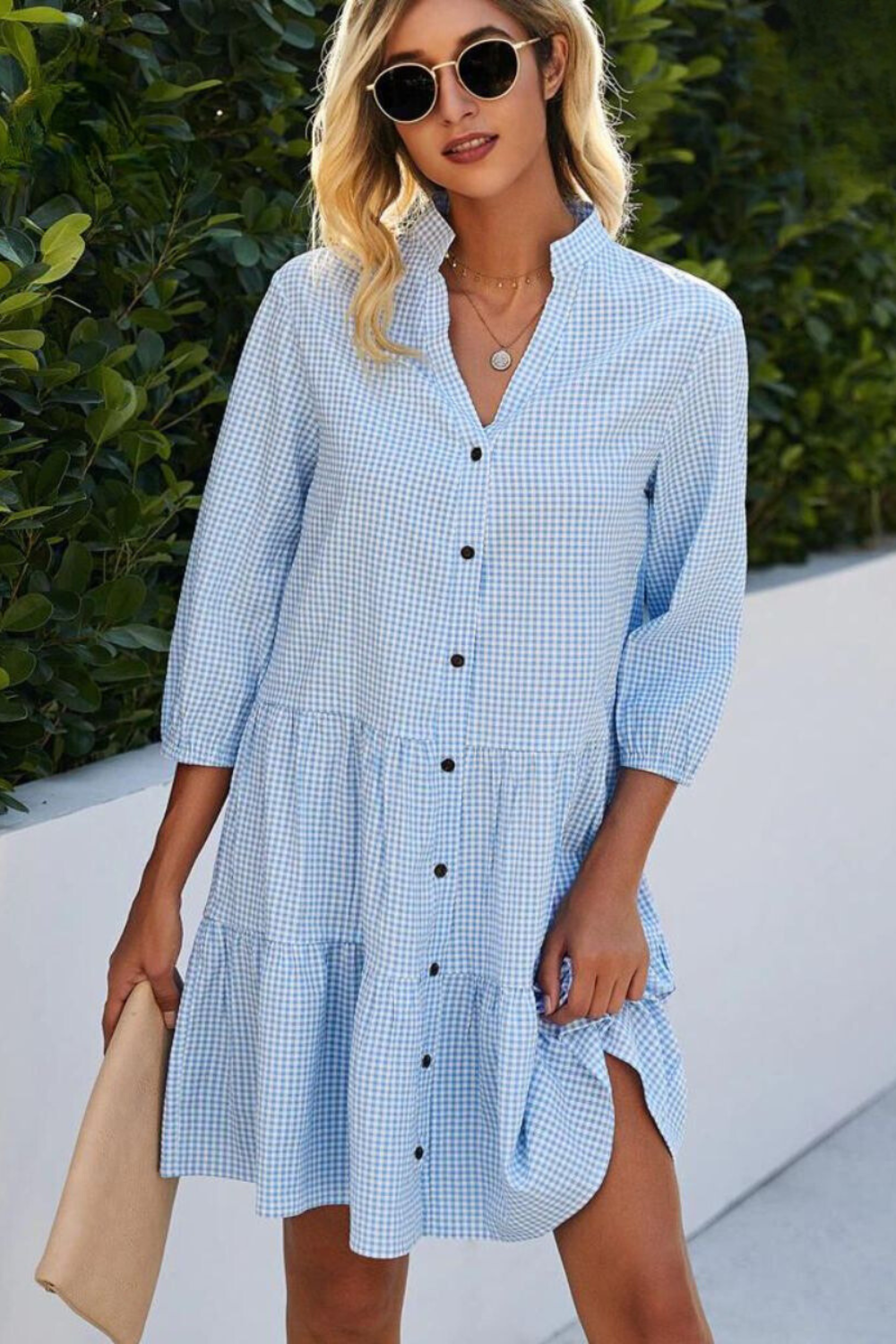 Gingham Check V-Neck Mandarin Collar Button Front Tiered Mini Dress