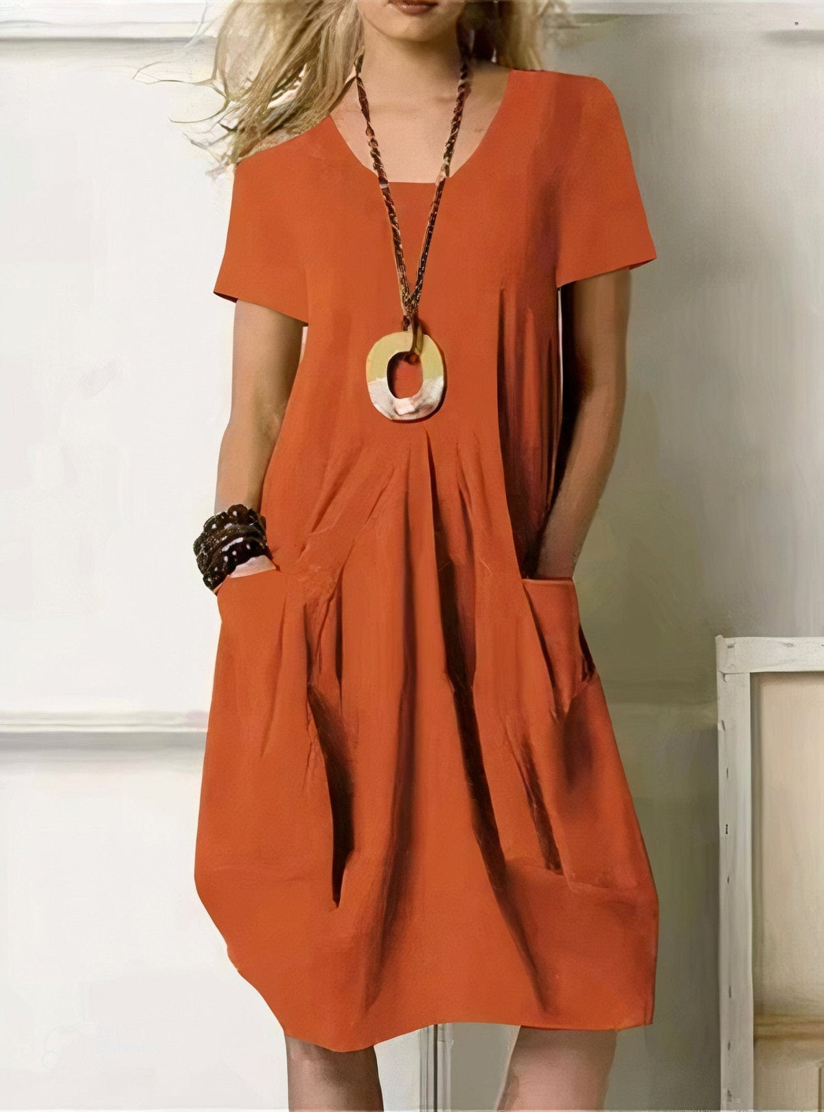V-Neck Short Sleeve Pocket Shift Dress 5