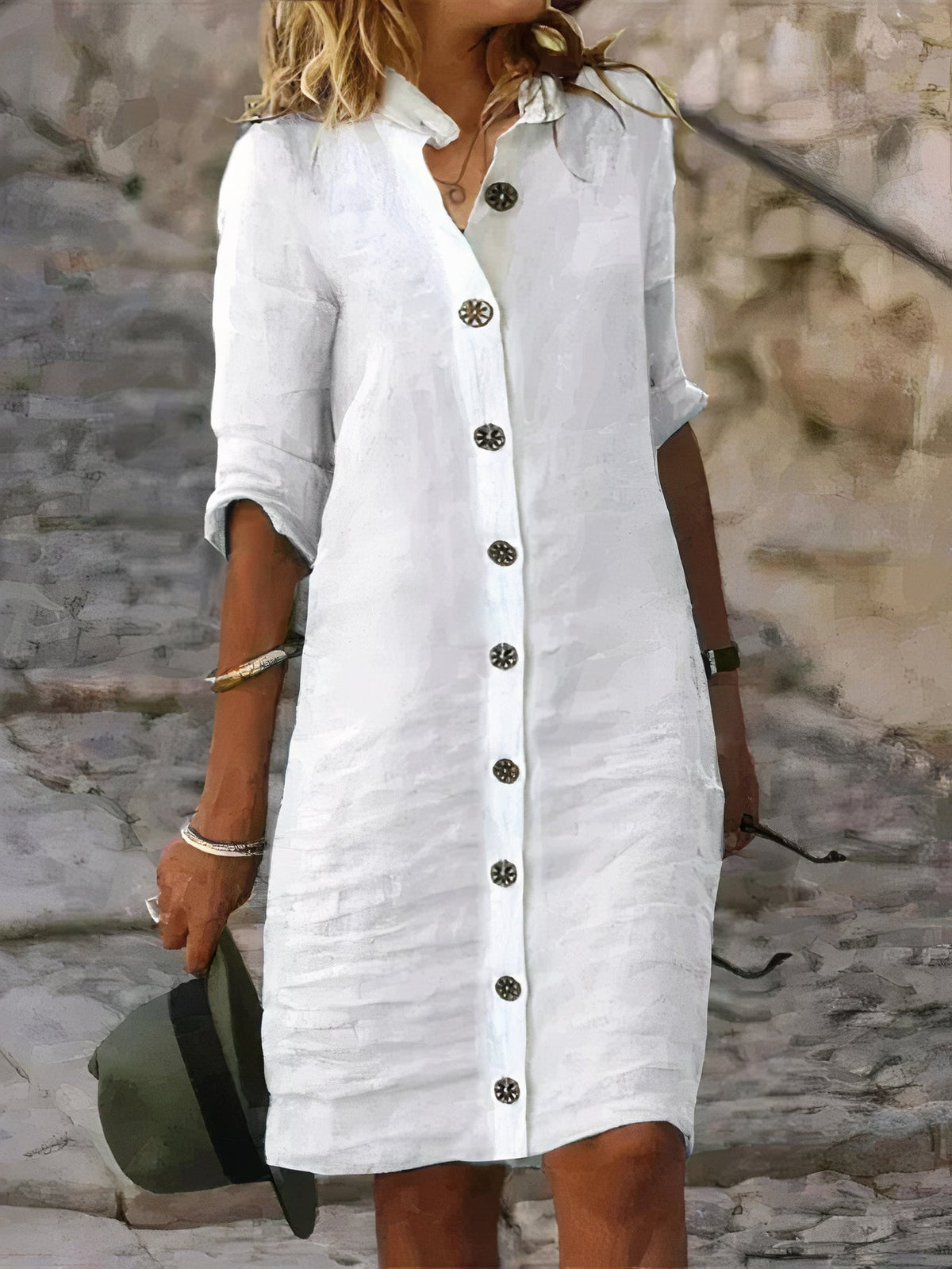 Crinkled Weave Shirt Collar Button Front 3/4 Sleeve Midi Shirt Dress - View 4