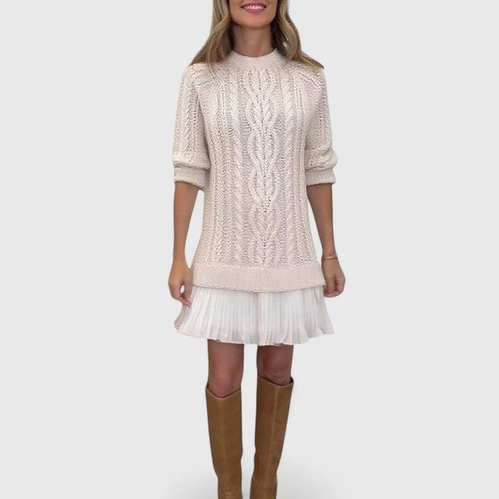 Crew Neck Long Sleeve Cable Knit Pleated Hem Sweater Dress 2