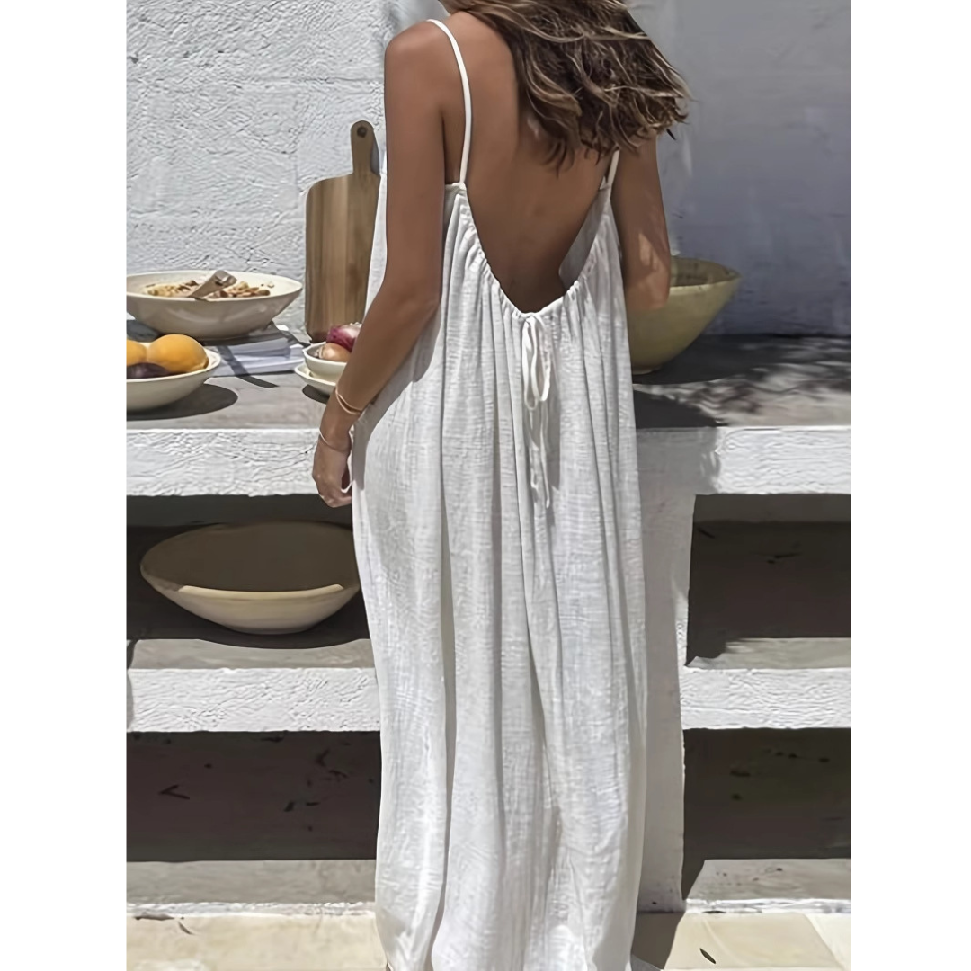 Backless Spaghetti Strap Tie Back Linen Look Maxi Dress