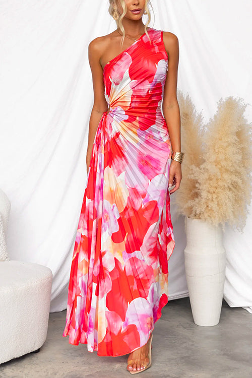 Floral Print One Shoulder Pleated Maxi Dress 2