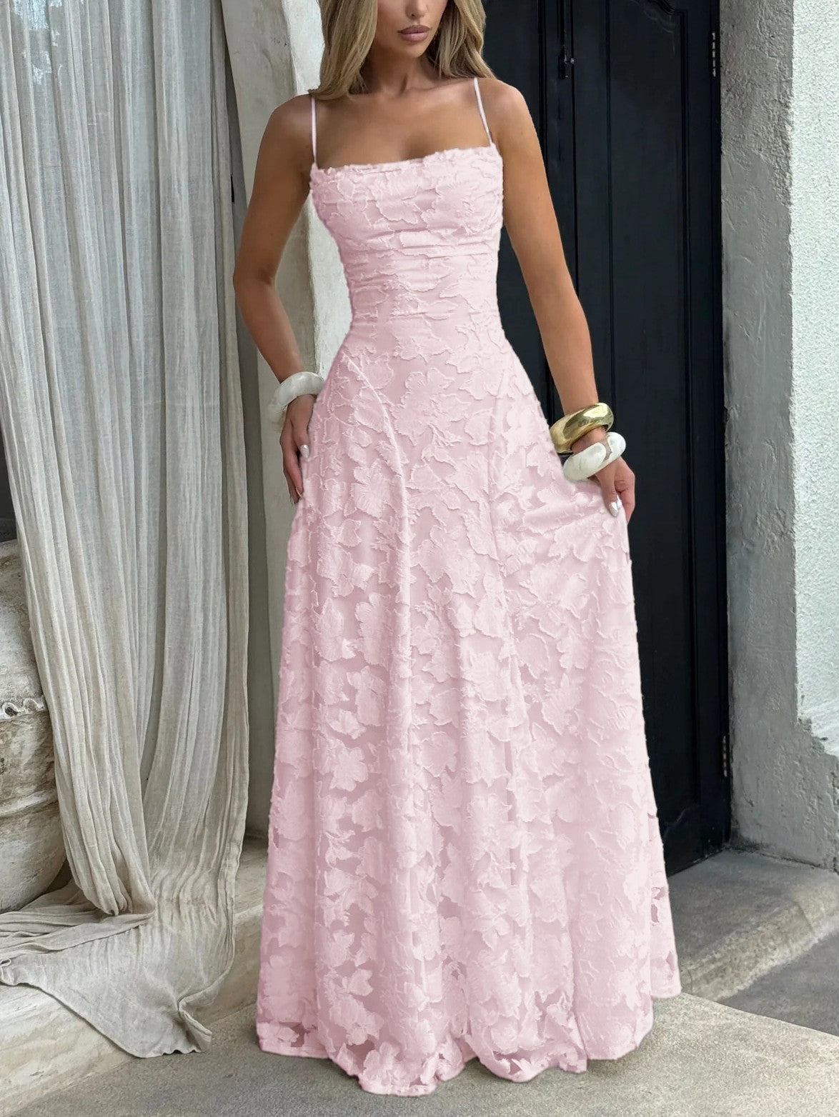 Floral Applique Spaghetti Strap Sleeveless A-Line Maxi Dress - View 8