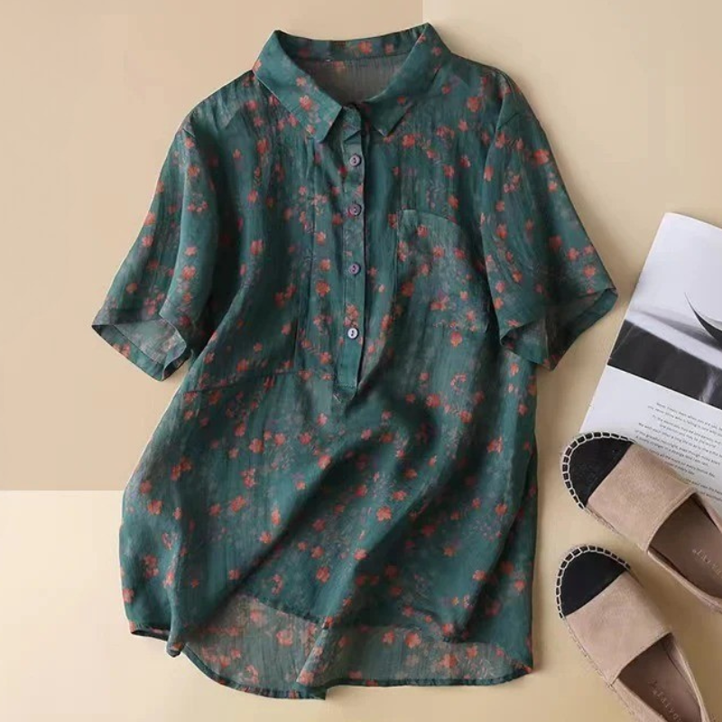 Floral Collared Short Sleeve Half Placket Blouse