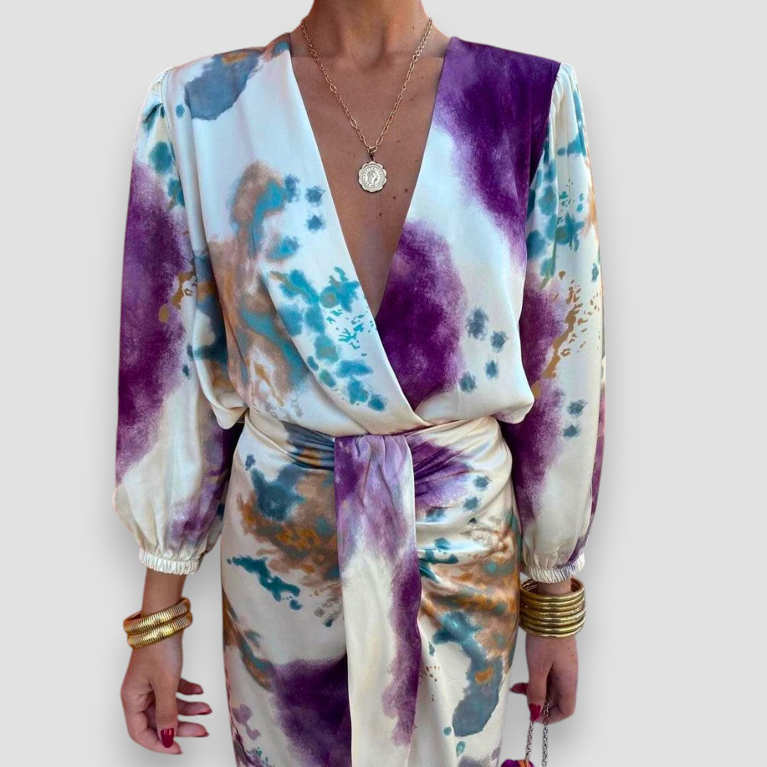 Watercolor Print Deep V-Neck Long Sleeve Wrap Midi Dress