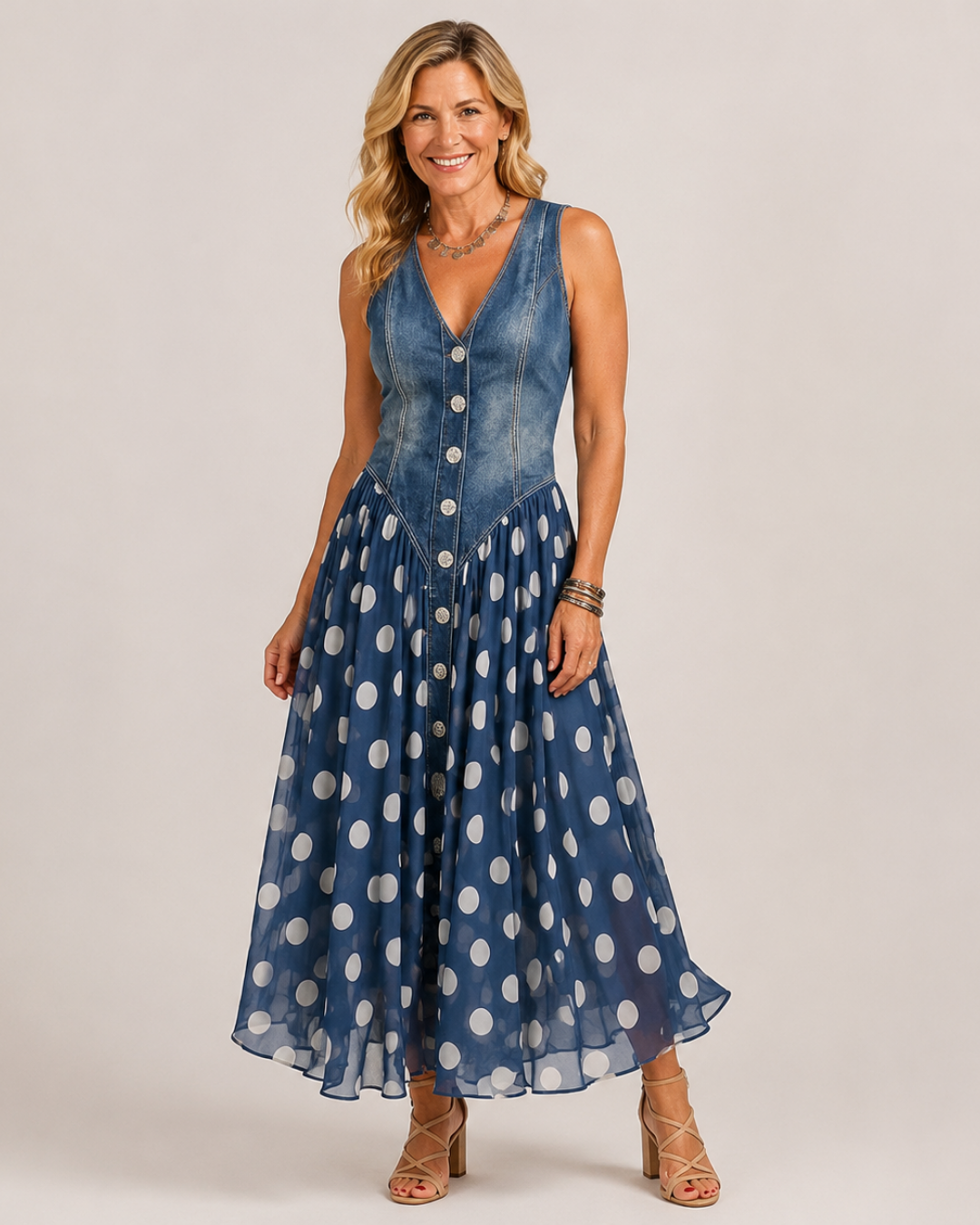 V-Neck Button Front Denim Bodice Polka Dot Maxi Dress