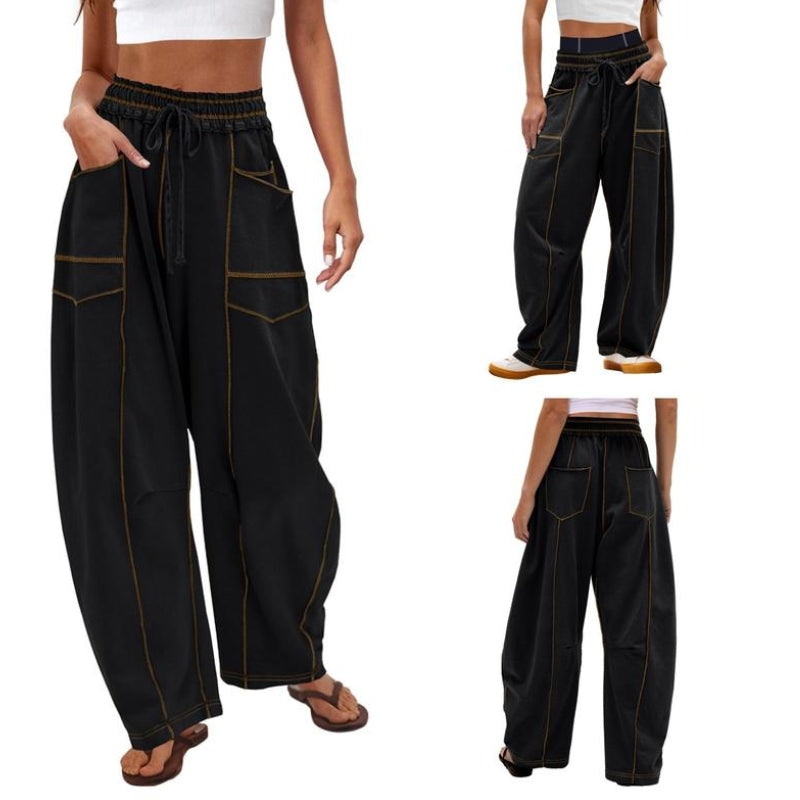 High Waist Drawstring Contrast Stitch Wide Leg Pants