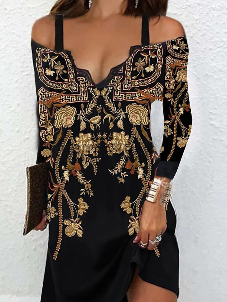 Lace Patchwork Print Halter Long Sleeve Dress - View 2