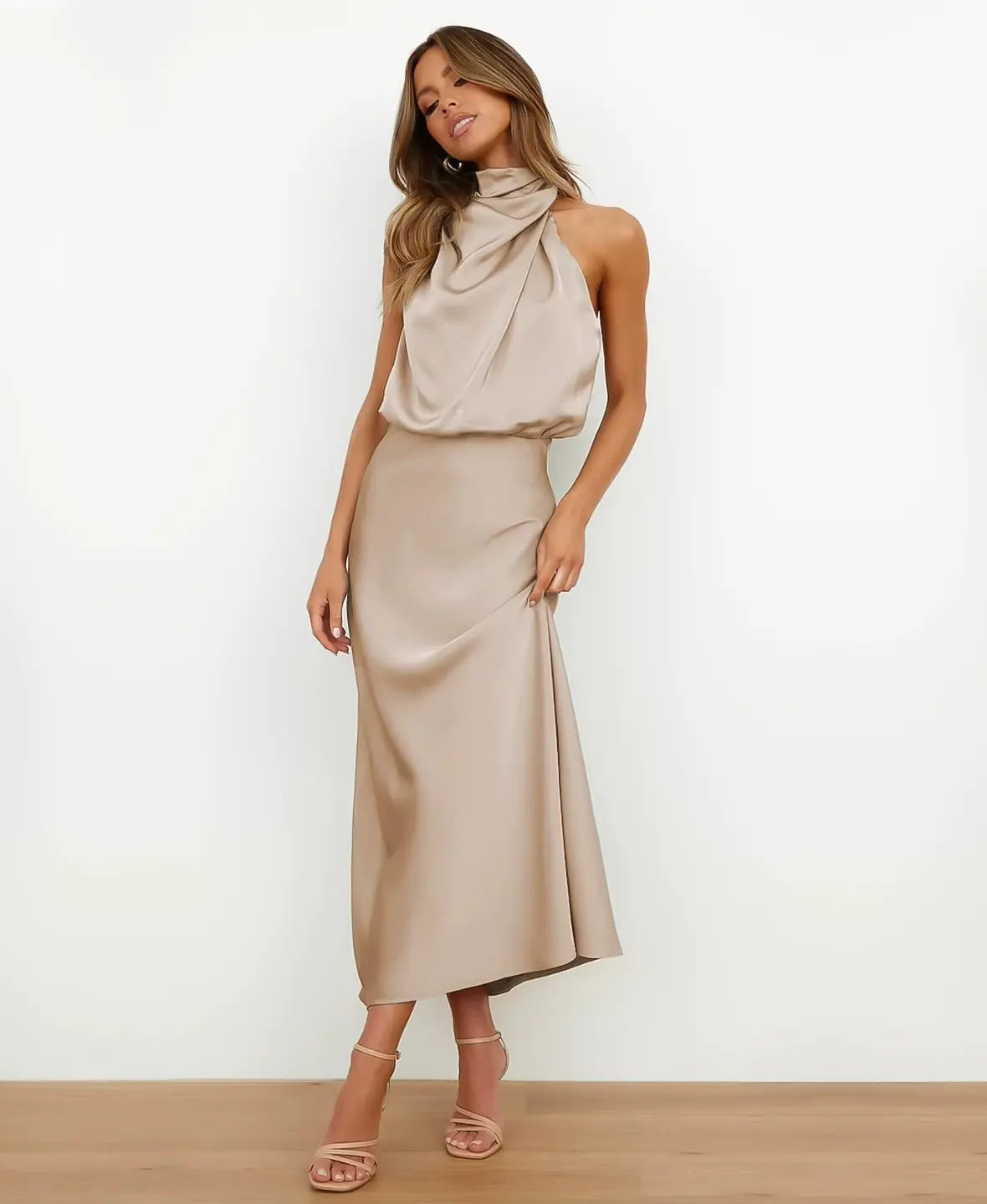Satin Halter Neck Draped Cowl Bias Midi Dress