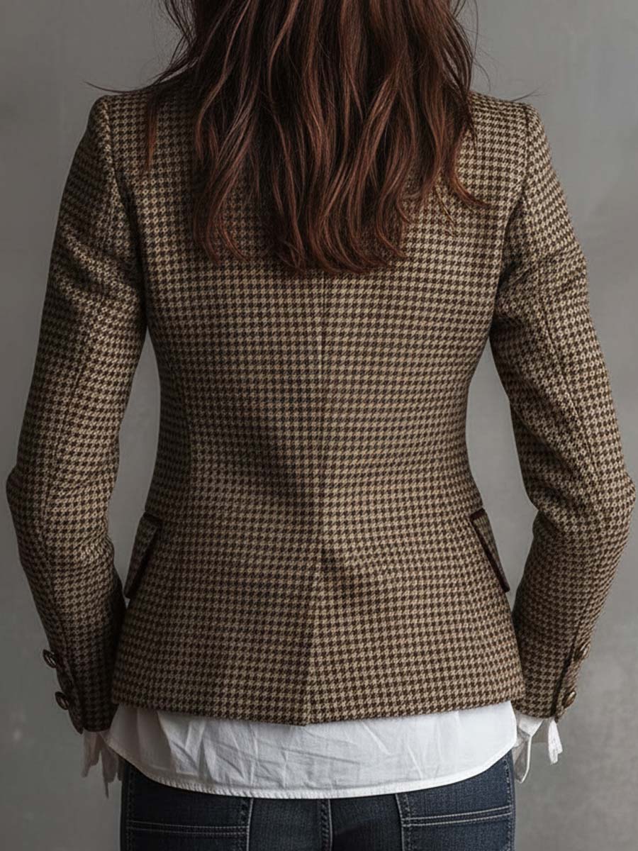 Houndstooth Tweed Velvet Trim Double Breasted Blazer 6