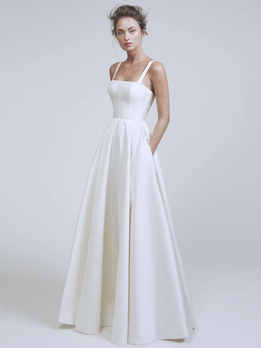 Satin Square Neck Wide Strap Sleeveless Tiered Floor Length Gown - View 6