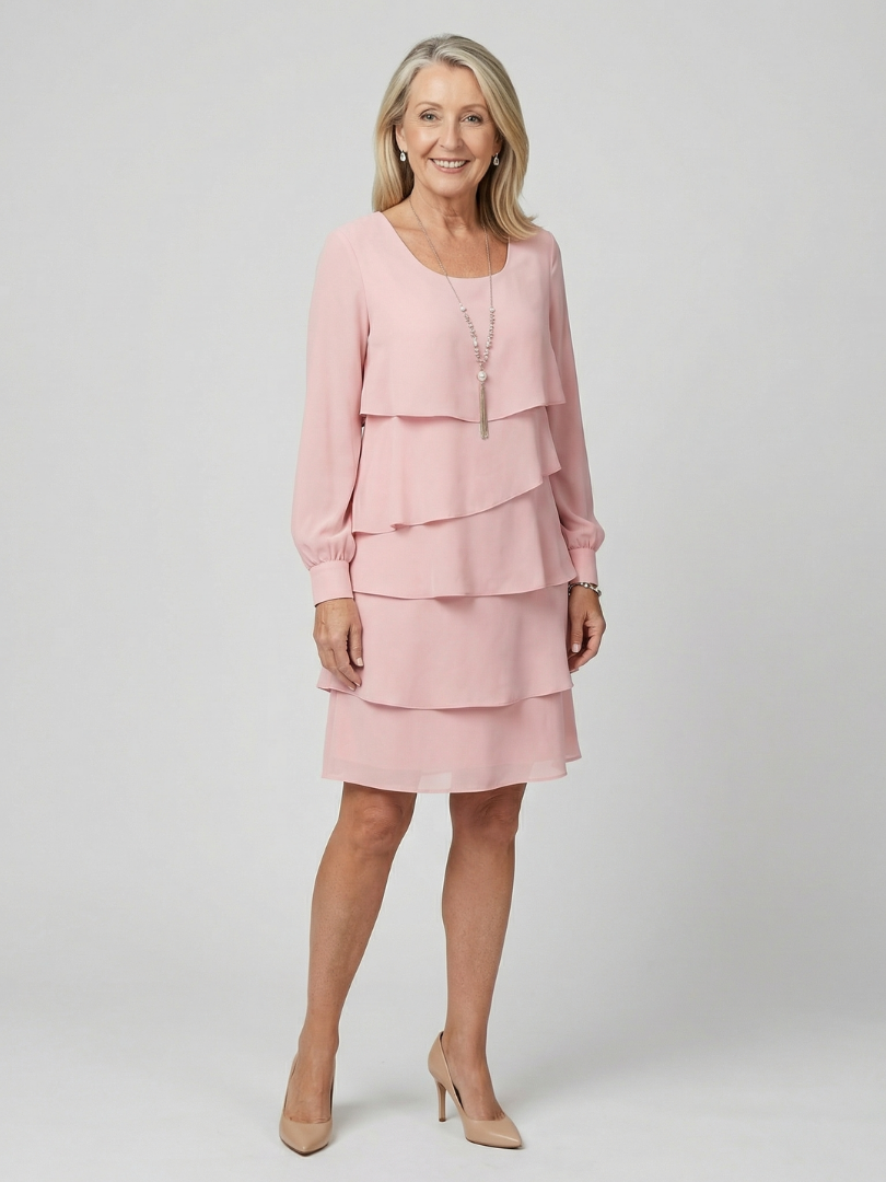Round Neck Long Sleeve Tiered Knee Length Dress