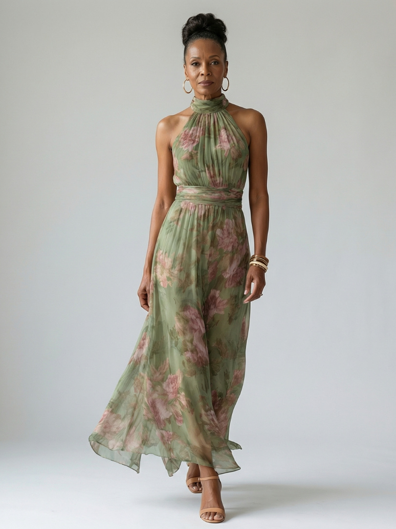 Floral Print Halter Neck Pleated Maxi Dress 6