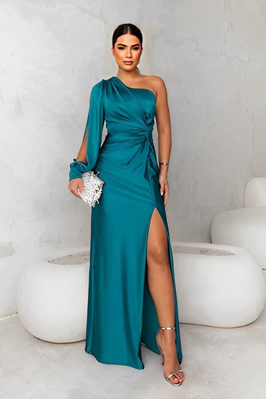 Satin One Shoulder Twist Front High Split Maxi Dress 4