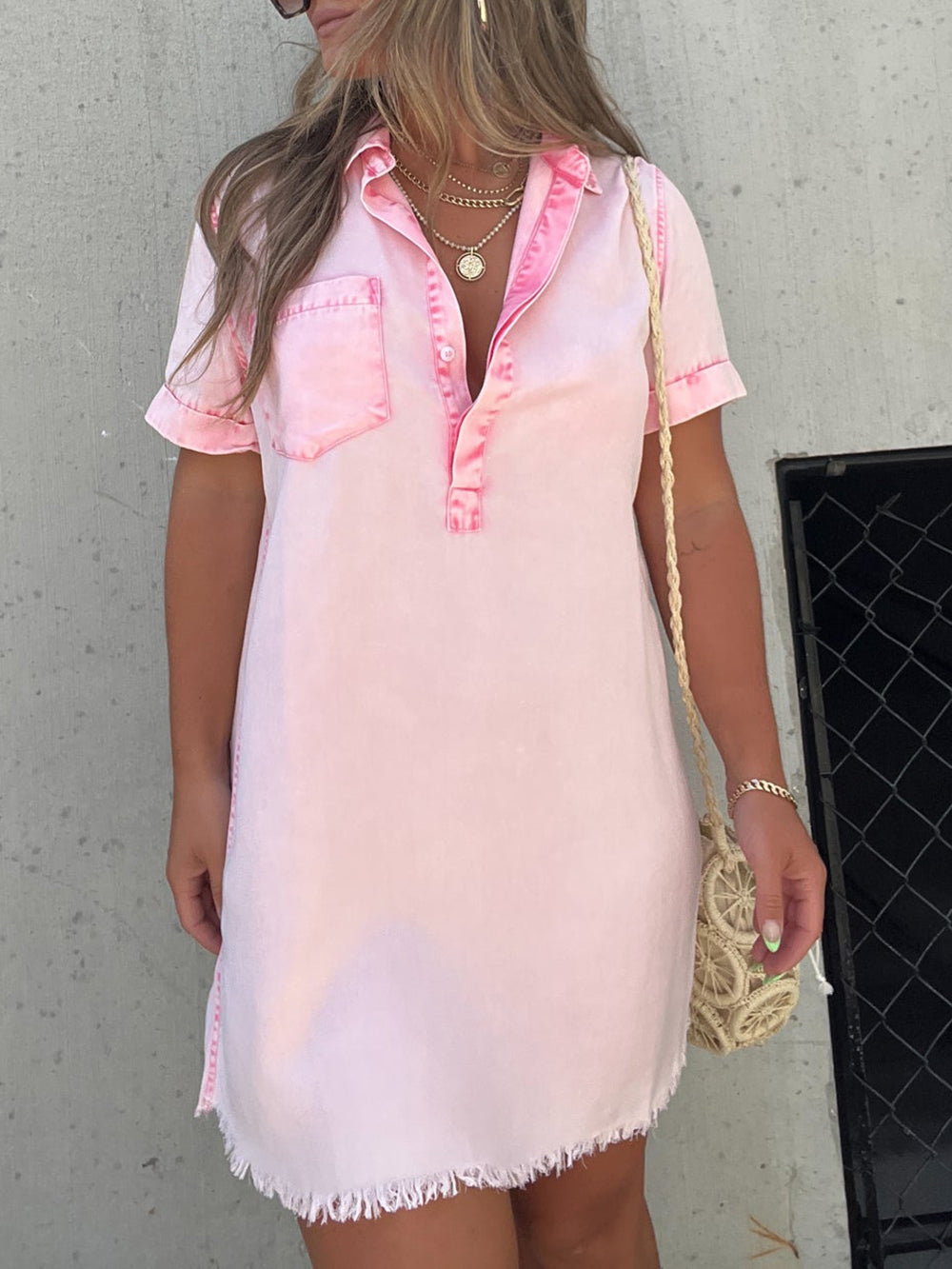 Collared Short Sleeve Button Placket Frayed Hem Mini Dress 2
