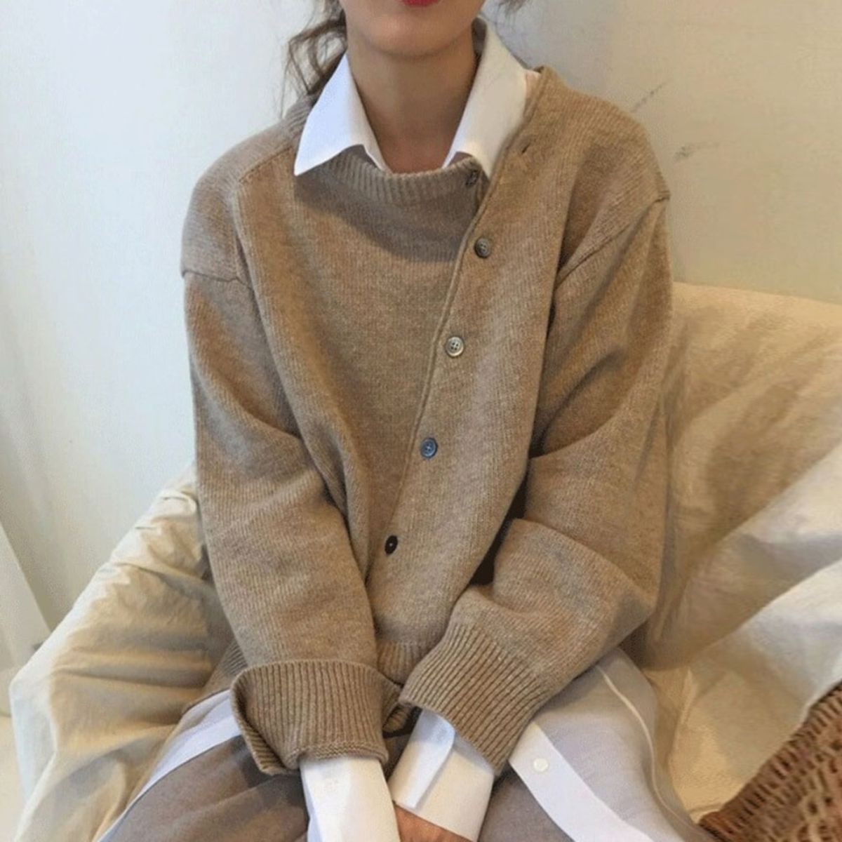 Crew Neck Drop Shoulder Button Front Knit Cardigan