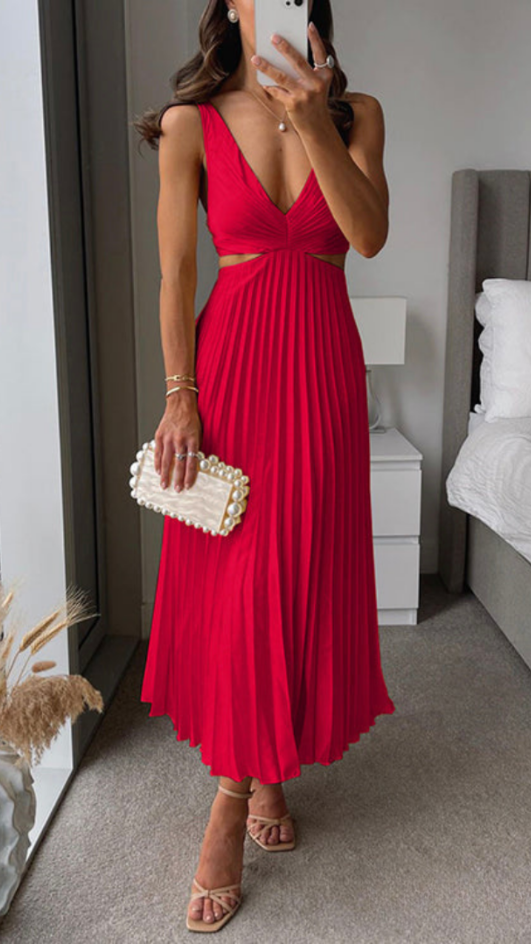 Deep V-Neck Cut Out Waist Ruched Pleated Satin Maxi Dress - View 2