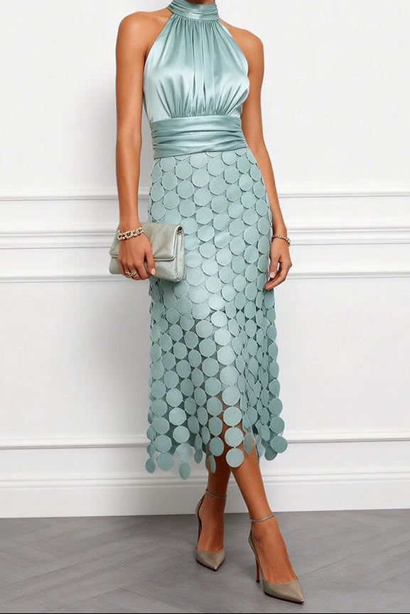 Halter Neck Ruched Laser Cut Disc Satin Midi Dress