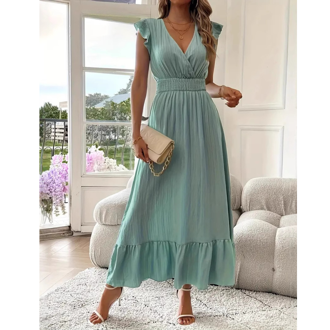 V-Neck Flutter Sleeve Shirred Waist Tiered Maxi Dress