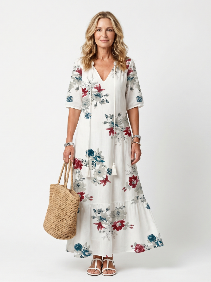 Floral Print Tie Neck Tassel Tiered Maxi Dress