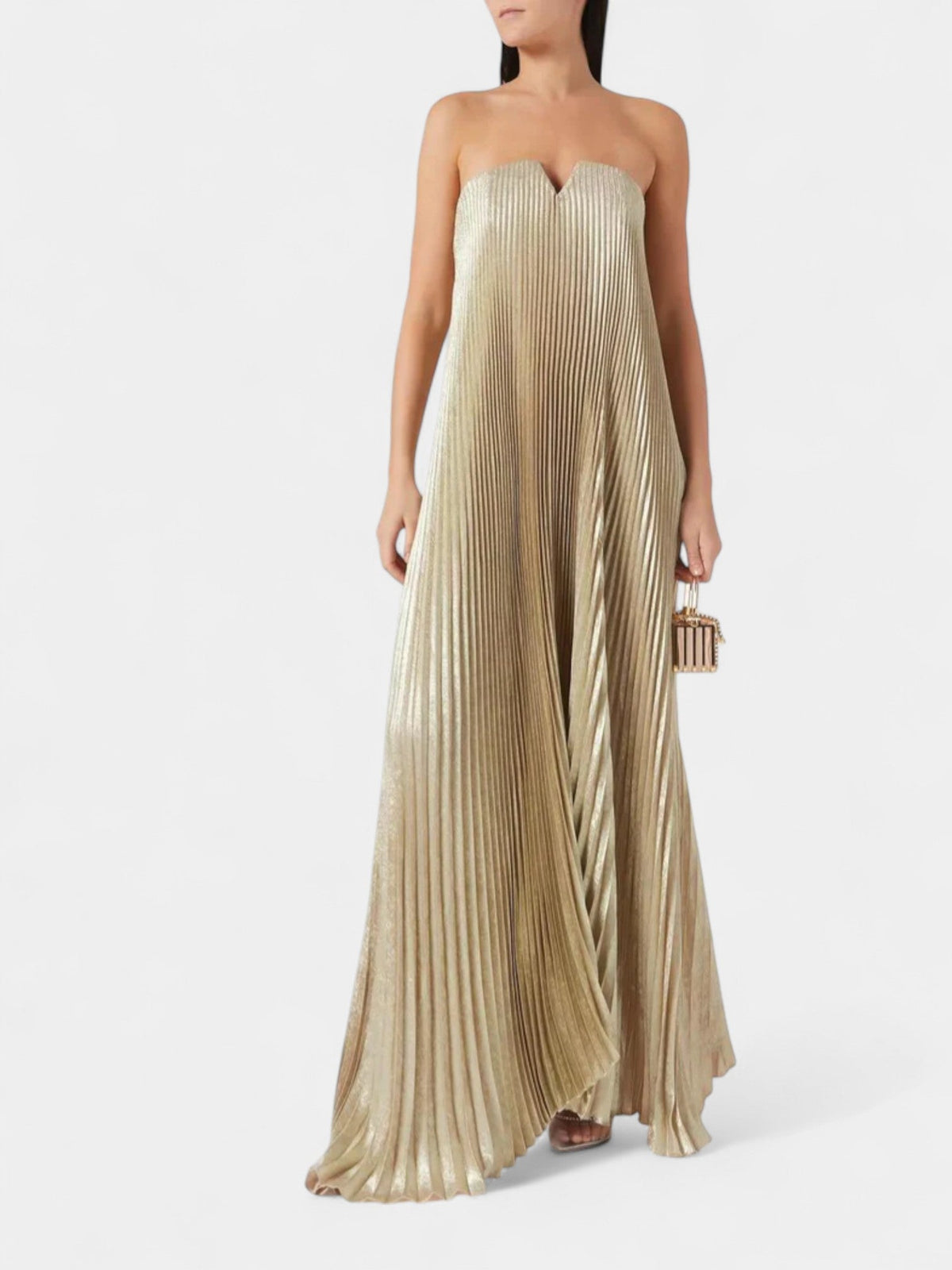 Strapless Sweetheart Pleated Metallic Maxi Dress 2
