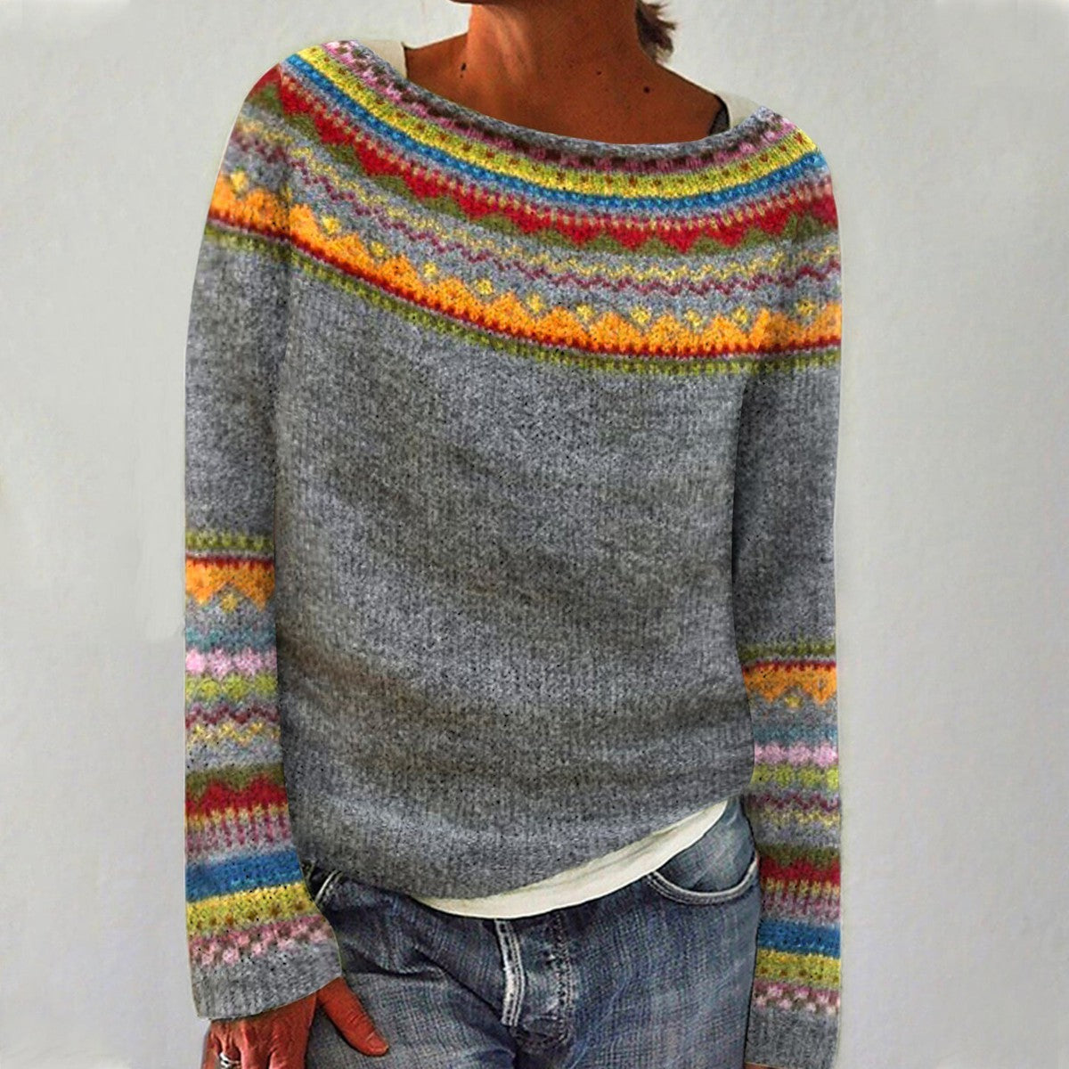 Fair Isle Yoke Crew Neck Knit Sweater 2