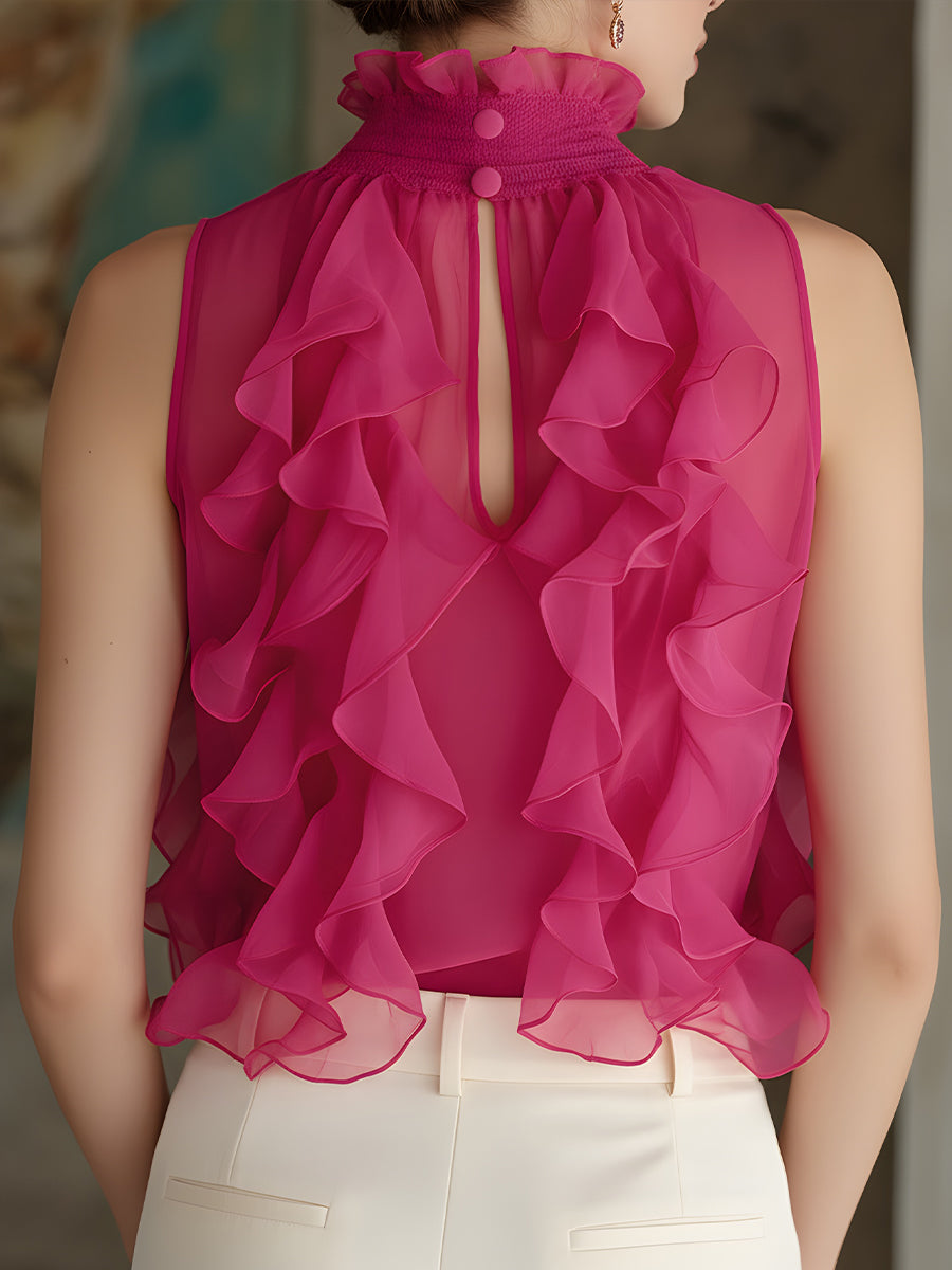 Ruffle High Neck Sleeveless Chiffon Blouse 5